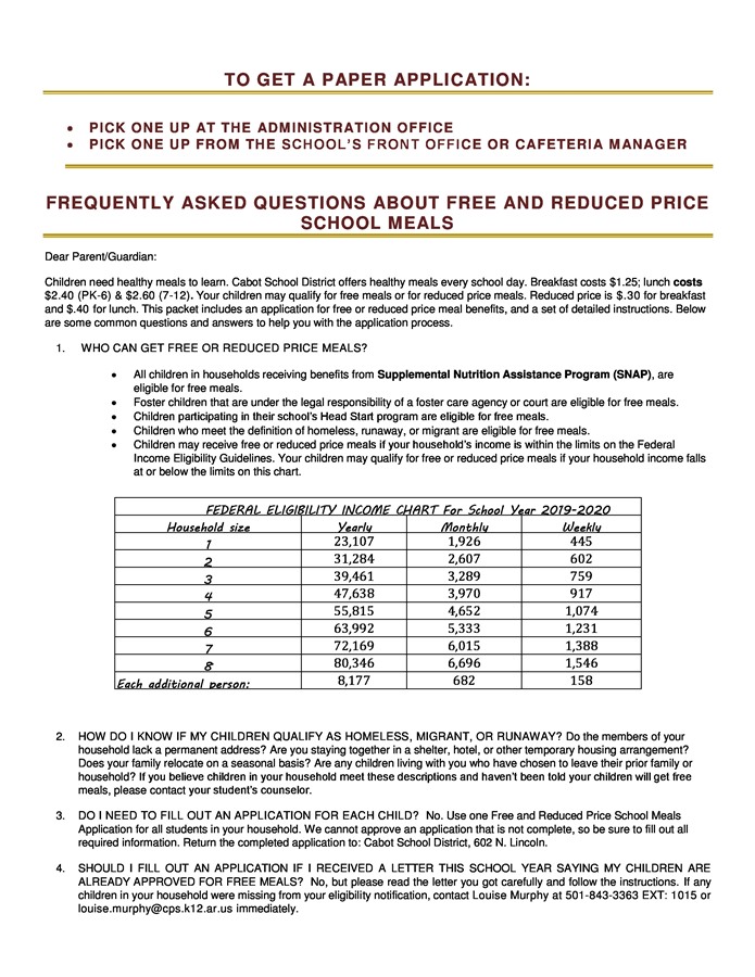 Federal Income Chart For Free School Lunches