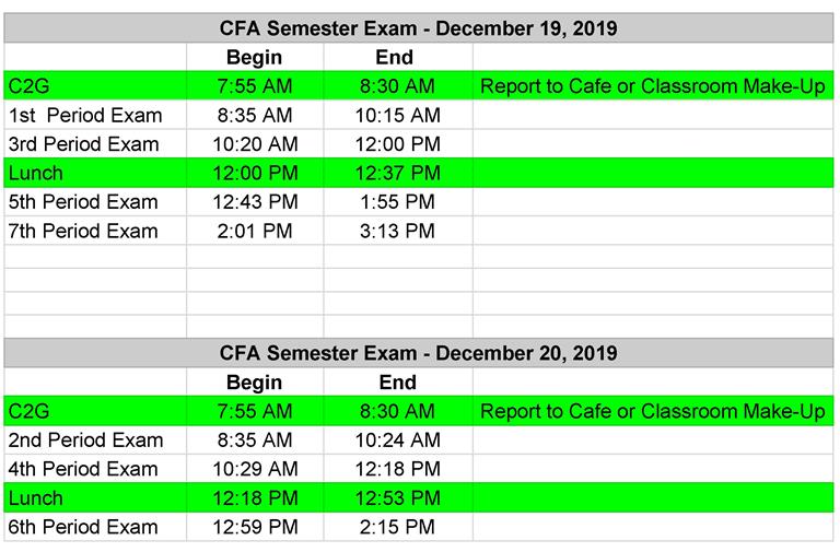 CFA Semester Exam Schedule 2019 Fall