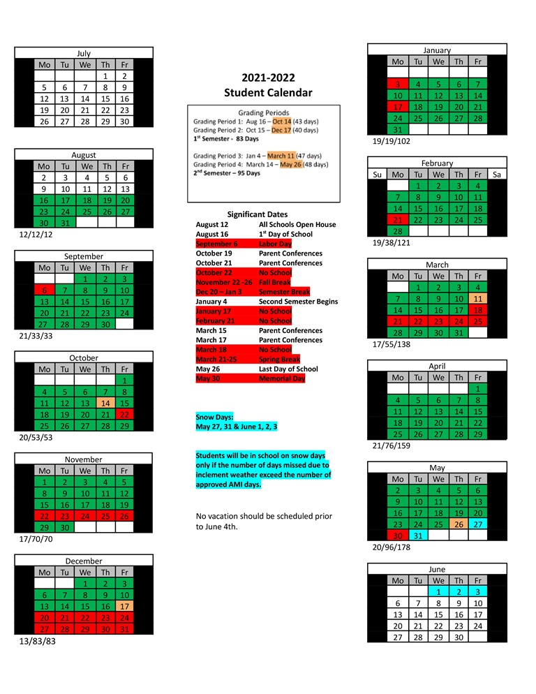 2021-2022 Student Calendar Released