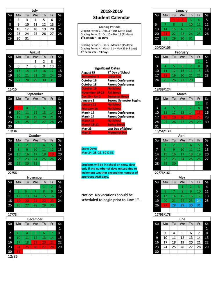 20182019 Student Calendar Released